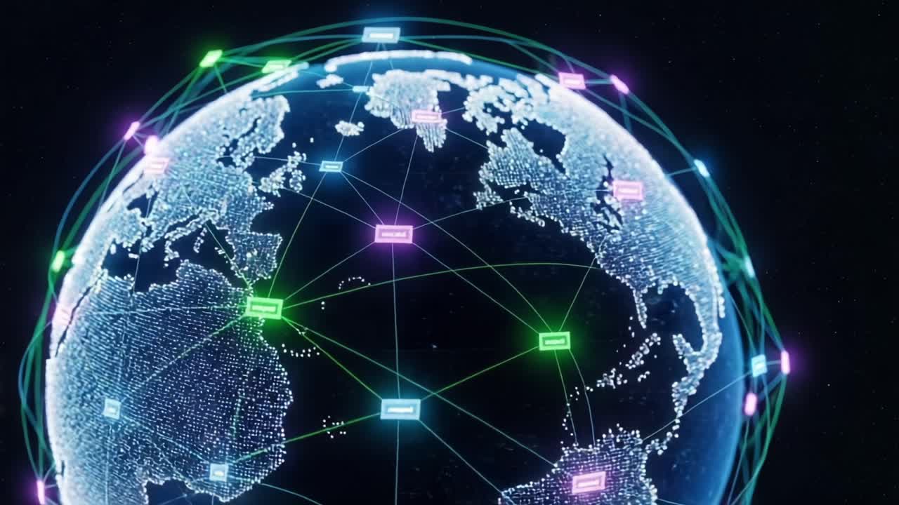 A Stunning Visualization of the World with Digital Networks Displayed Through Connected Nodes and Geographical Features, Highlighting Global Interconnectivity and Data Flow