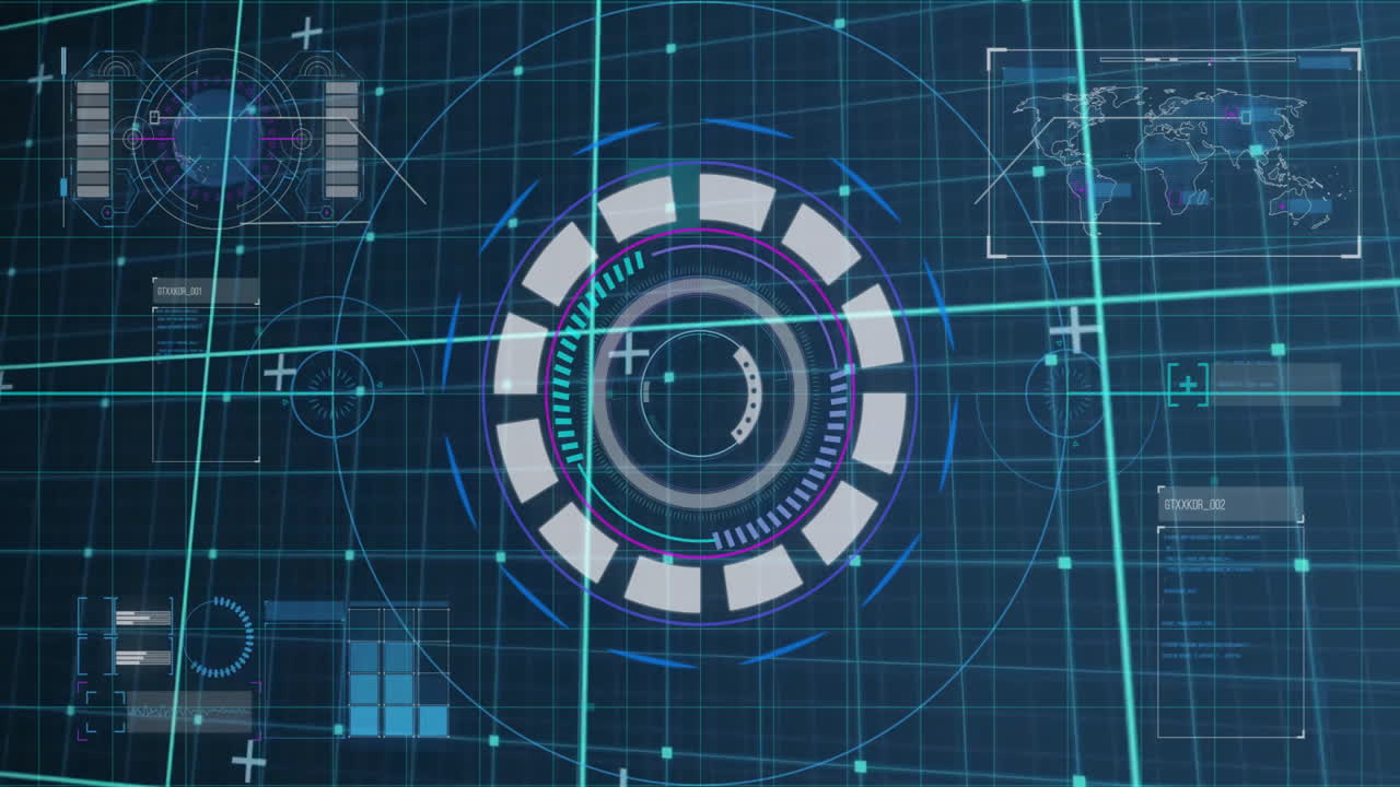 Animation of digital interface with circular patterns and charts on blue grid