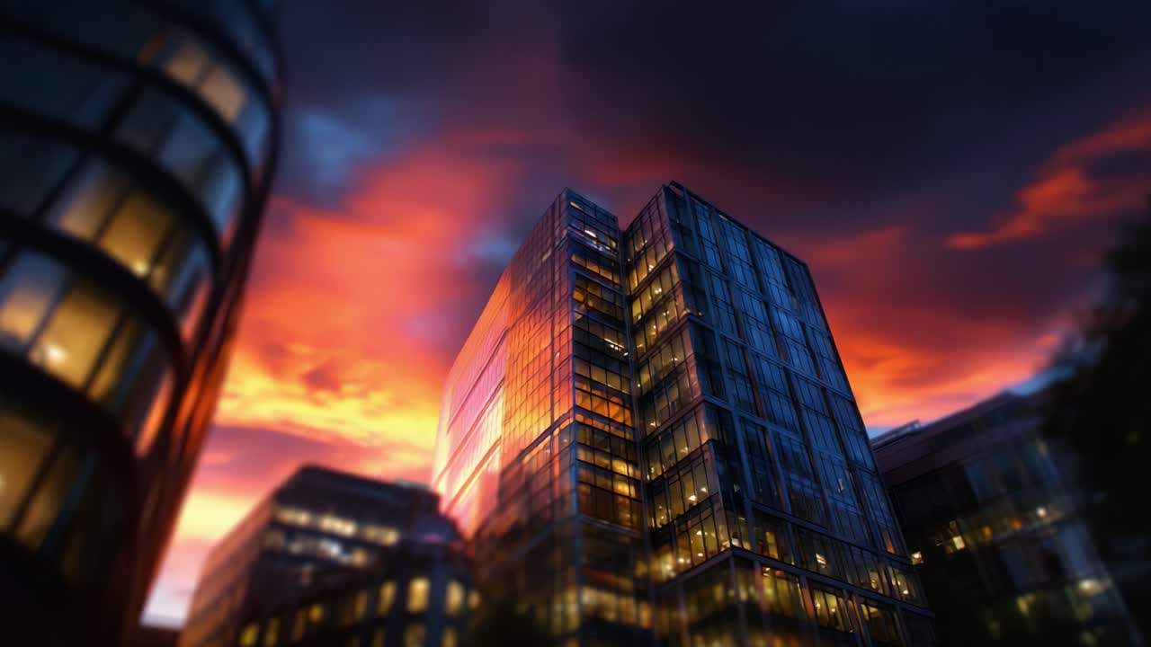 Stunning Urban Skyline at Dusk: Modern Glass Buildings Against a Vibrant Orange and Purple Sunset Sky Reflecting in Skyscrapers' Windows