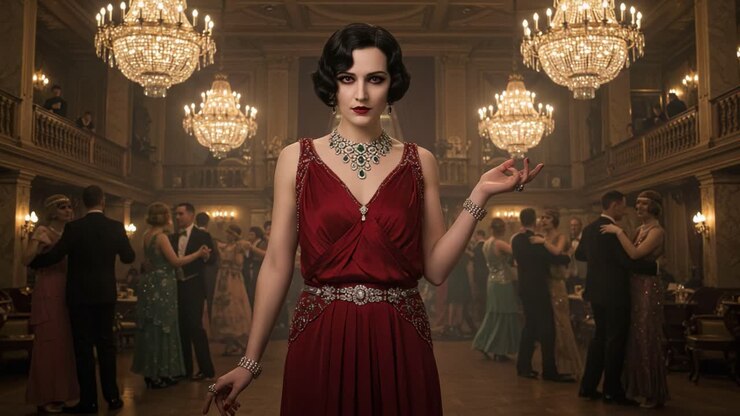 Una serata glamour nella sala da ballo: eleganza e ballerini eleganti, adornati con abiti mozzafiato e accessori opulenti, immortalati in un ambiente sontuosamente decorato degli anni '20