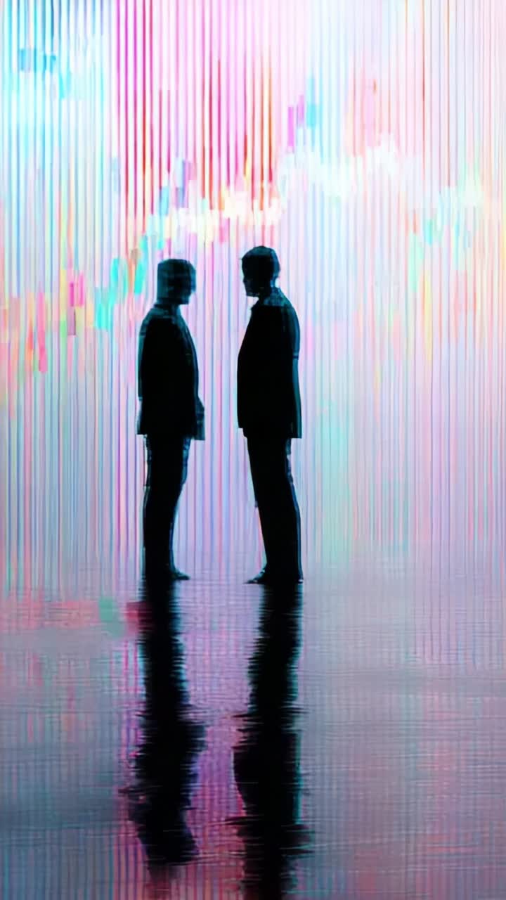 Two Silhouetted Figures Standing in Reflection Against a Vibrant Colorful Backdrop of Vertical Stripes, Evoking a Sense of Mystery and Anticipation