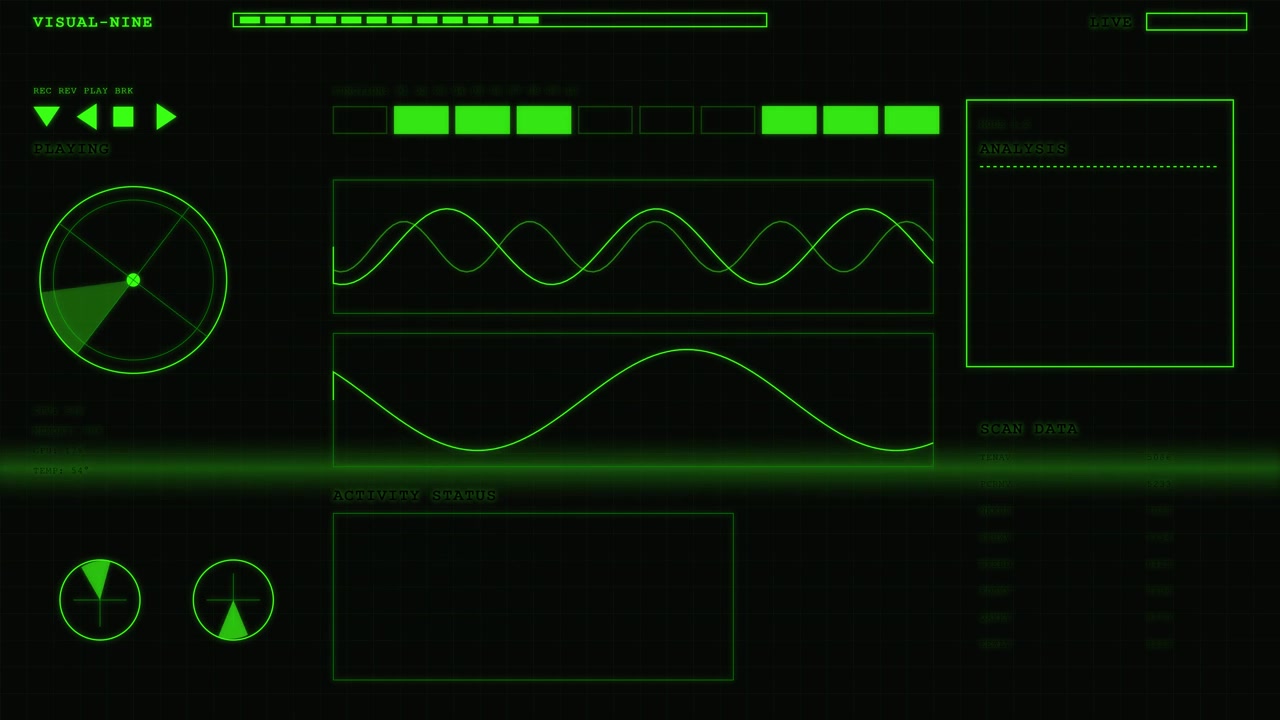 Futuristic Digital Interface Displaying Oscillating Waveforms and Radar Data