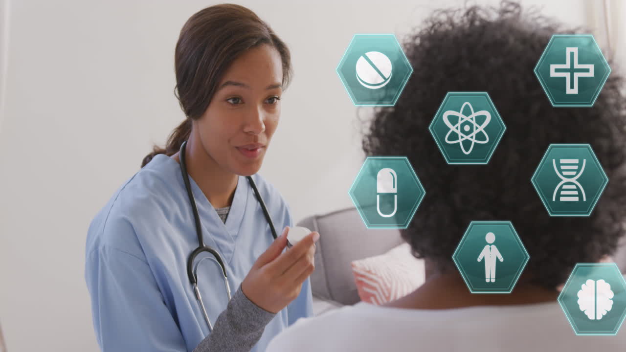 고위 여성 의사와 함께 여성 의사 위에 의학 아이콘의 애니메이션