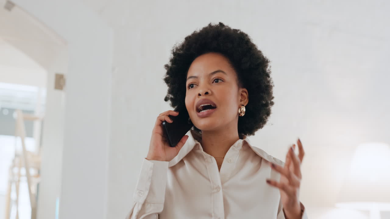 Black woman, stress and phone call for business