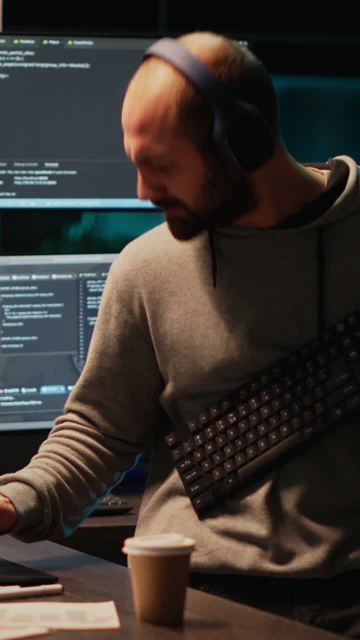 Vertical video: Programmer being happy and playing air guitar