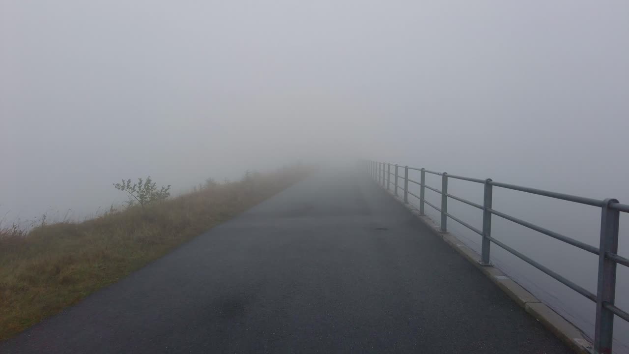 낮에 짙은 하얀 안개로 뒤덮인 도로 호수를 걷다가 찍은 사진