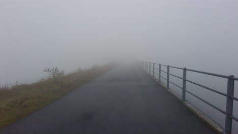 shot taken while walking through road lake covered with thick white fog at daytime