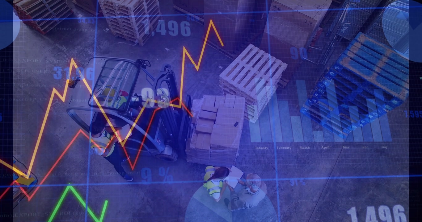 Worker powering forklift and lifting pallet as clerk checking stock with data graphs for logistics