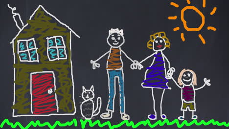 animación de una pareja dibujada a mano con una hija y un gato al lado de la casa y el sol sobre un fondo negro