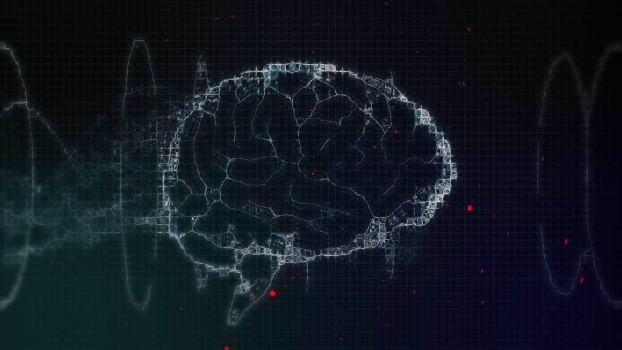 Red rings appearing leading wireframe brain emerging over oscillating waveform rotating rings