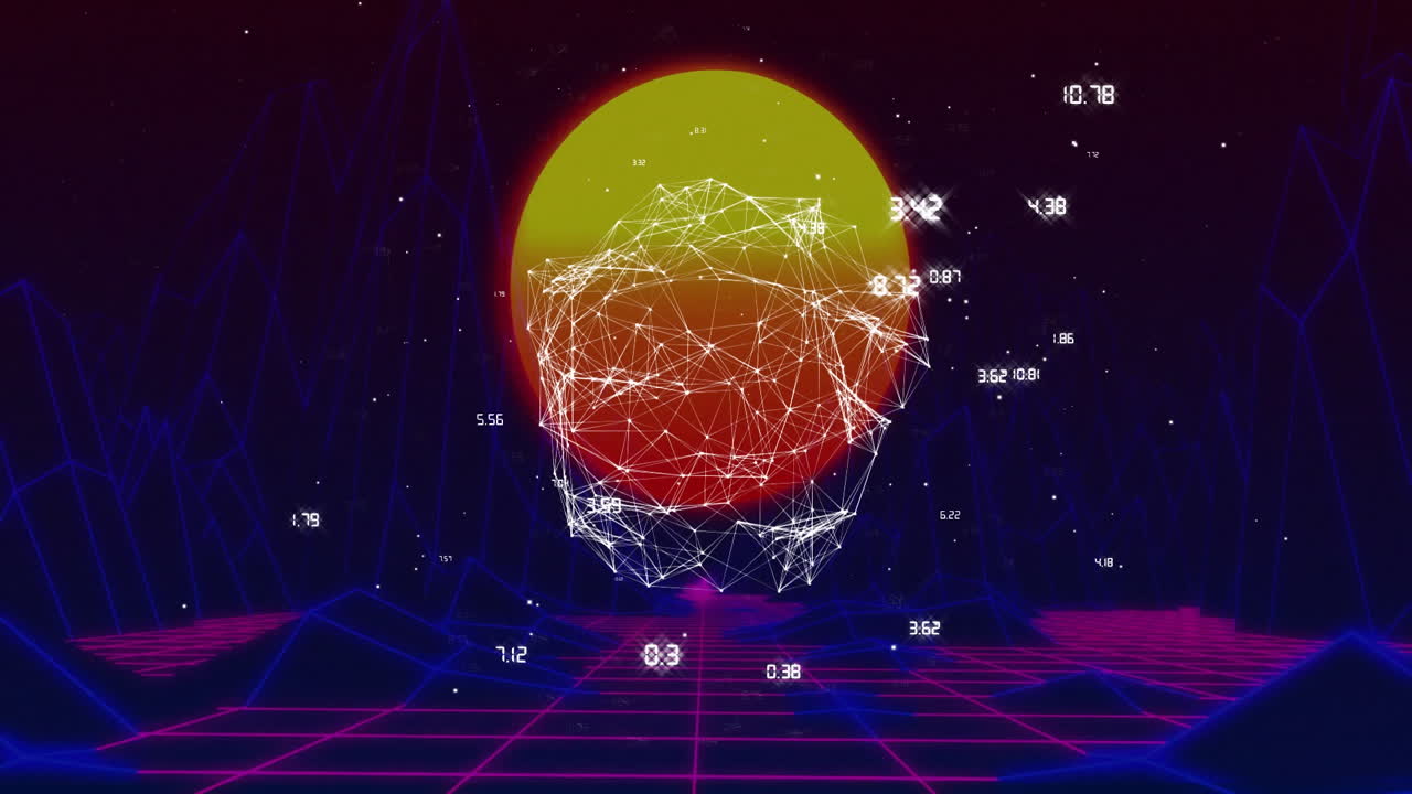 Yellow-red orb glowing behind wireframe mesh skull floating over pink grid and data points hovering