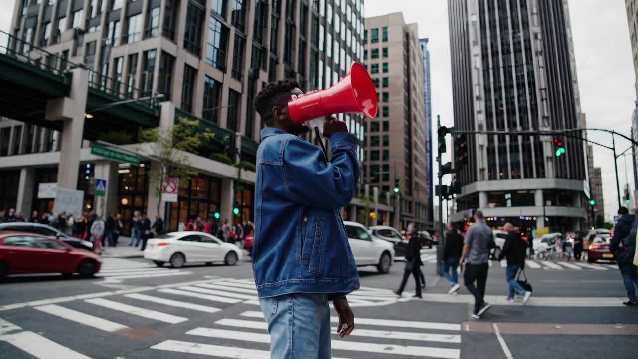 Street-level video captures a person with a megaphone on a busy city intersection