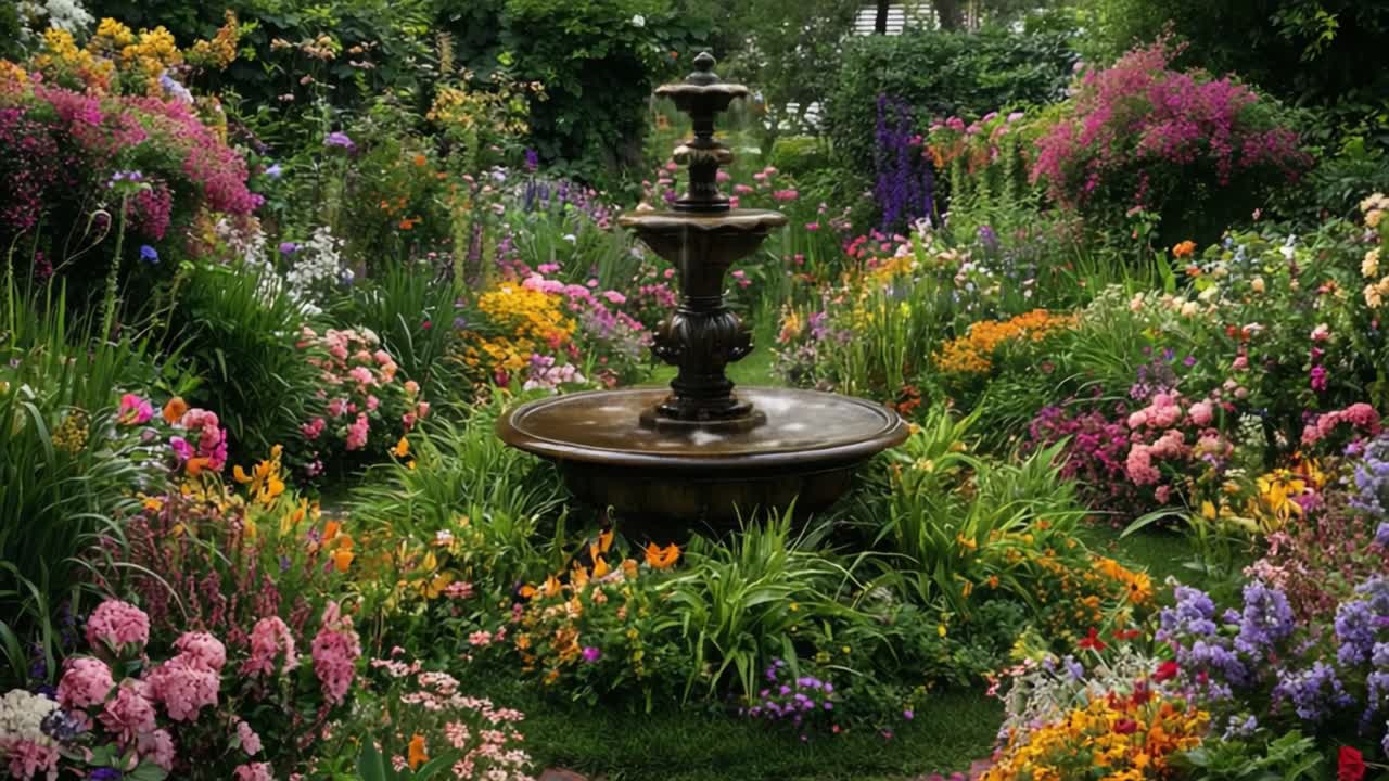 A Serene Garden Oasis with a Central Fountain Surrounded by Vibrant, Colorful Flower Beds Showcasing Nature's Beauty and Tranquility in Full Bloom