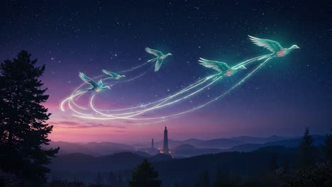a serene night sky unfolds with ethereal birds in flight, illuminating a mystical landscape beneath a starry canopy and towering mountains in the distance