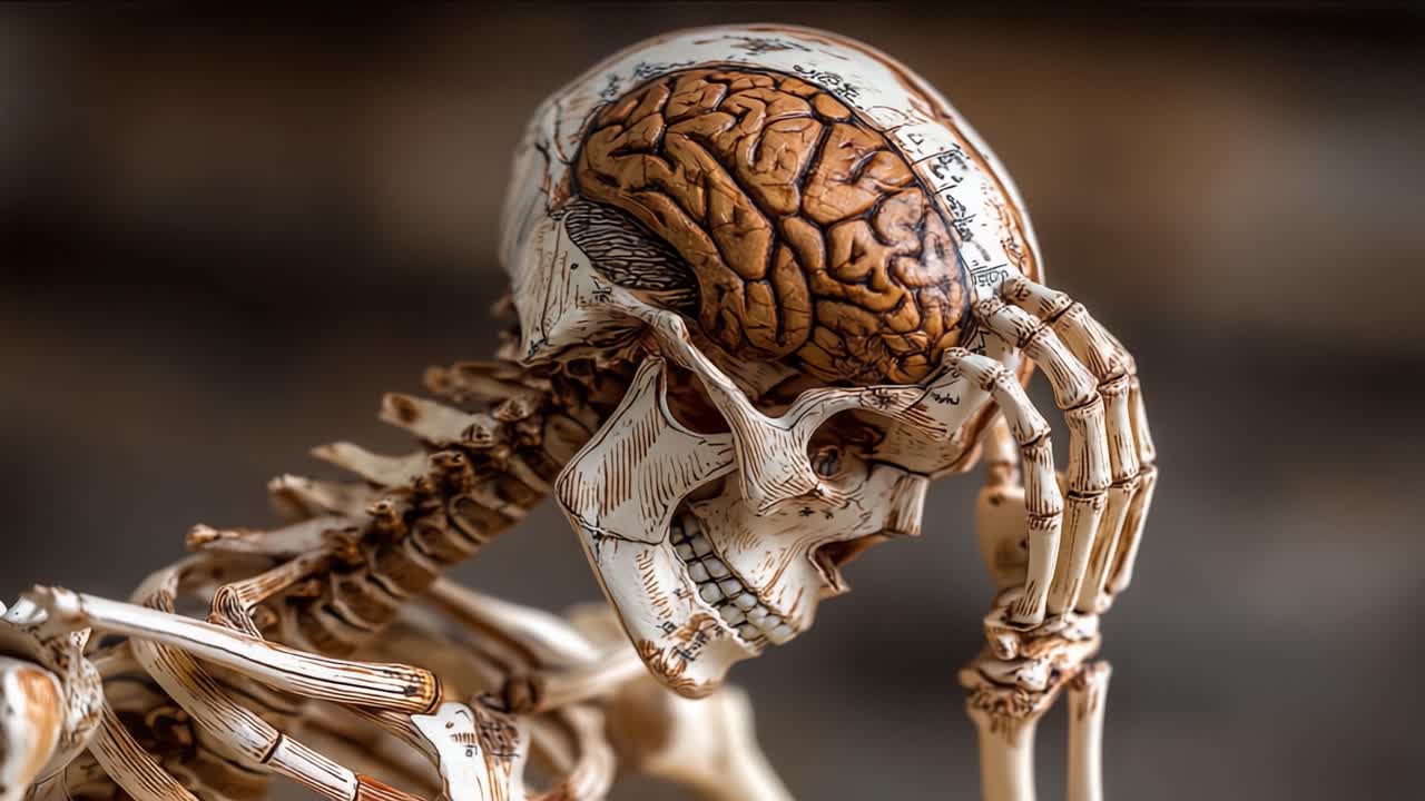 Modello anatomico umano dettagliato raffigurante uno scheletro con cervello esposto in una posa pensierosa, evidenziando le complessità della struttura e funzionalità umana.