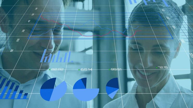 Animation of graphs, loading circles, changing numbers over caucasian coworkers discussing reports