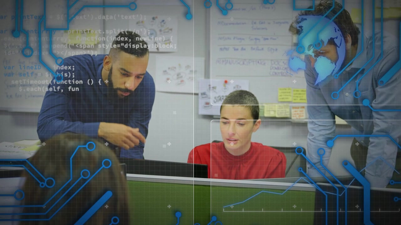 Dev typing keys team leaning pointing debugging software code circuit overlay fading across monitor