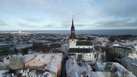 Aerial-view-of-the-churches-in-the-Old-Town-of-Tallinn,-Estonia-in-winter