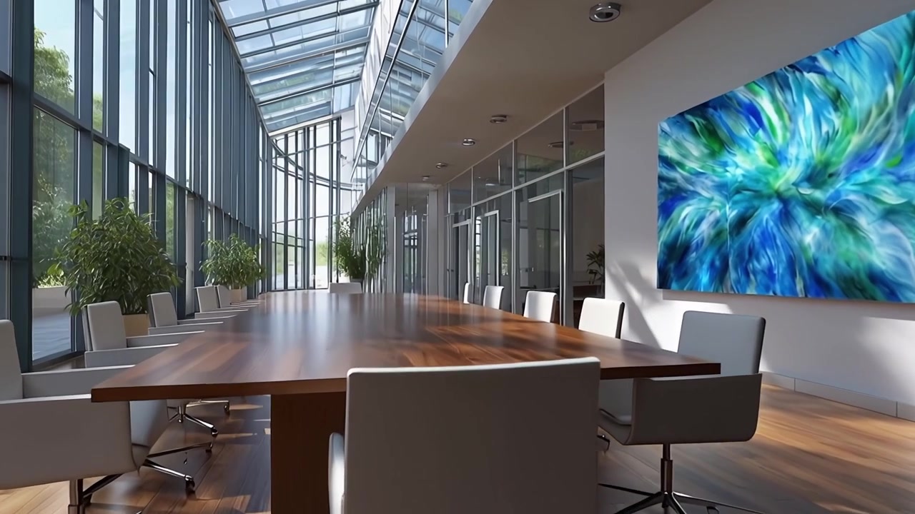 Spacious Modern Conference Room with Glass Walls and Wooden Table