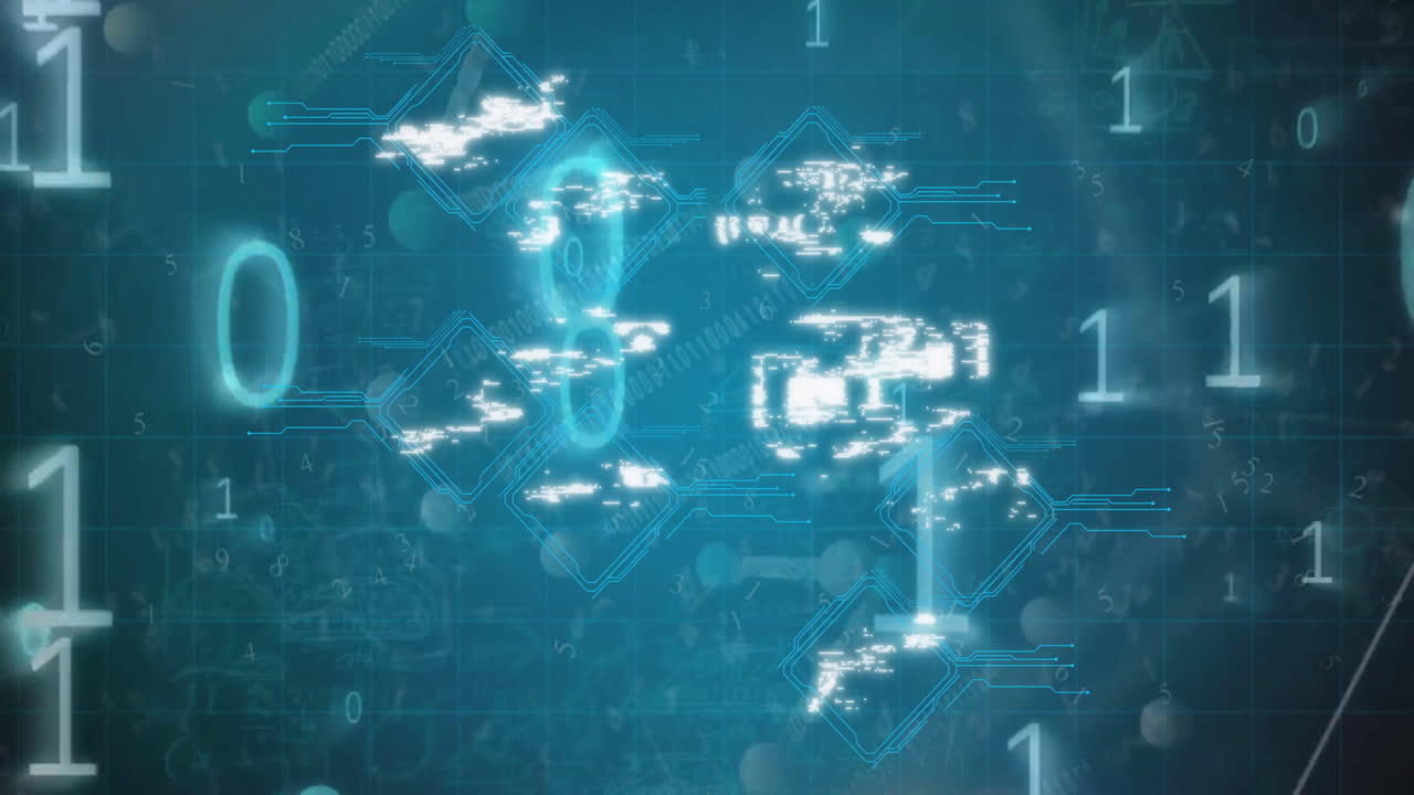 Animation of data processing with icons and chemical formula on black background