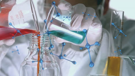 animation of molecules and data processing over scientist with beakers in laboratory