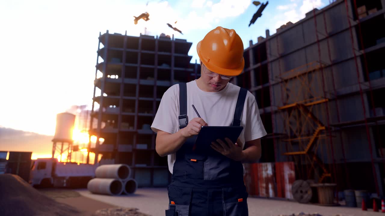 un trabajador asiático tomando notas en una tableta en el sitio de construcción