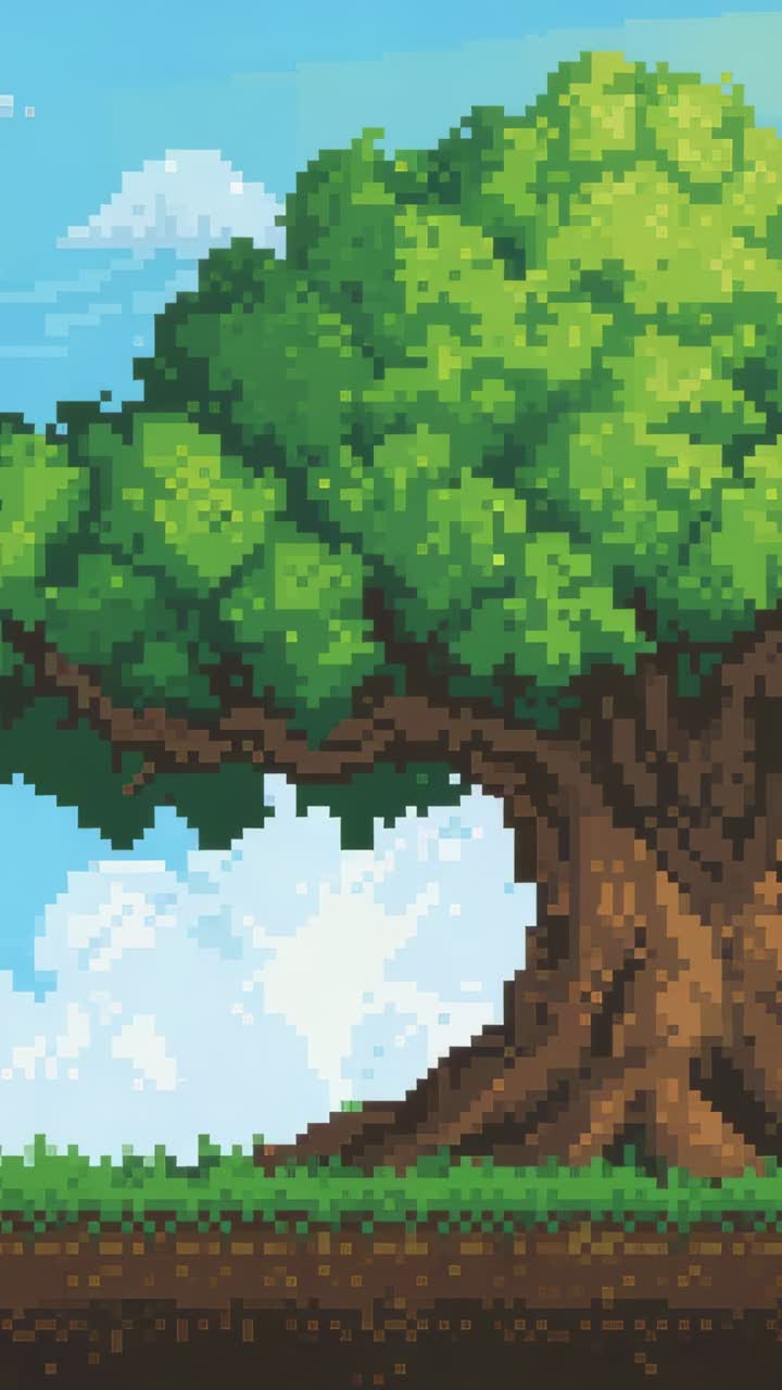 Vertical video: Slight frame shift showing pixel-art leafy tree ...