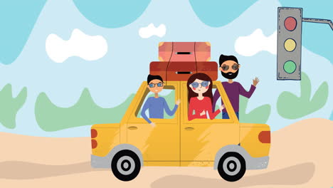 Composición-De-Padres-Felices-Y-Niños-Que-Viajan-Juntos-De-Vacaciones-En-Coche,-Con-Antecedentes-Rurales