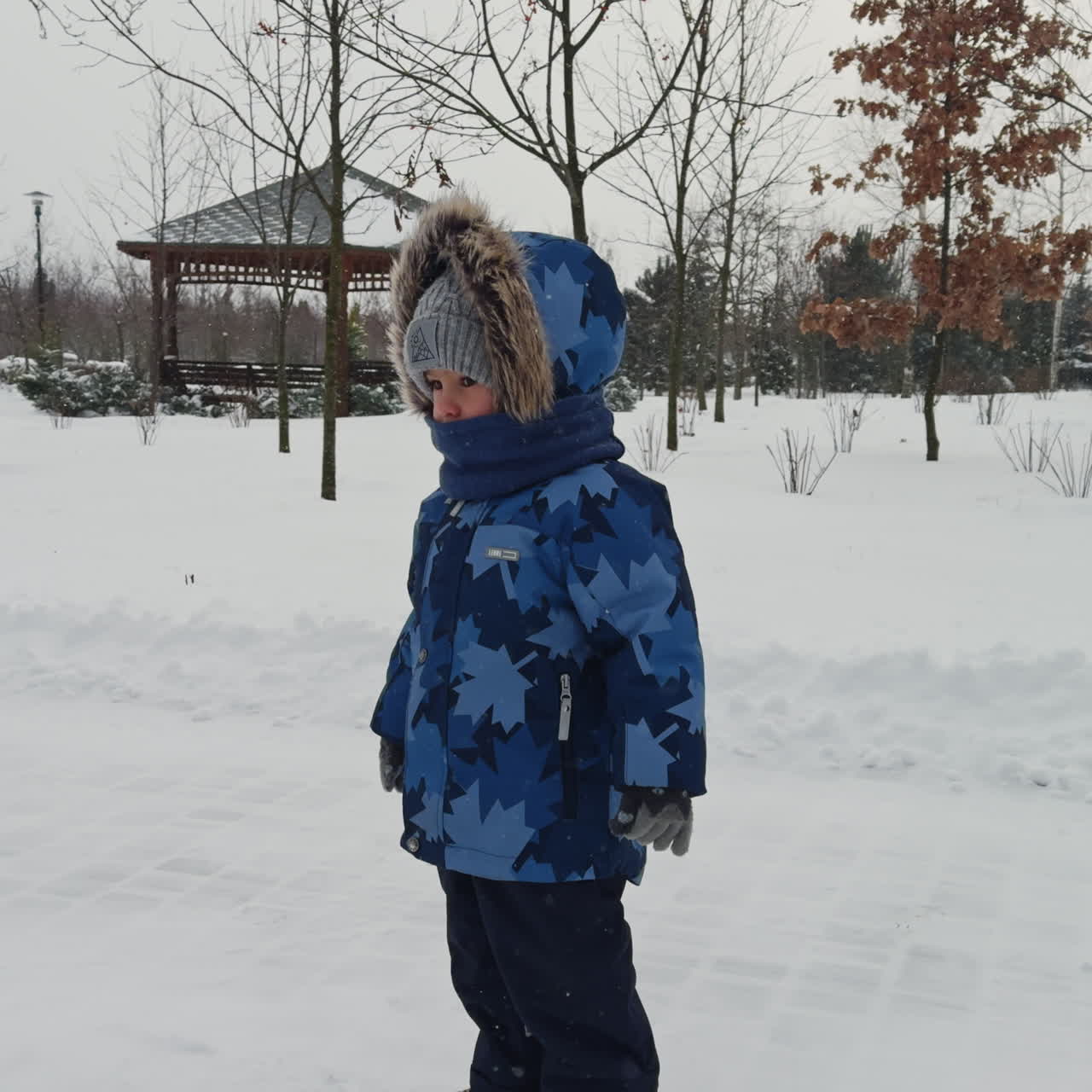 Lovely toddler boy walks by the park on snowy weather. Kid stops, looks around and continues to walk.