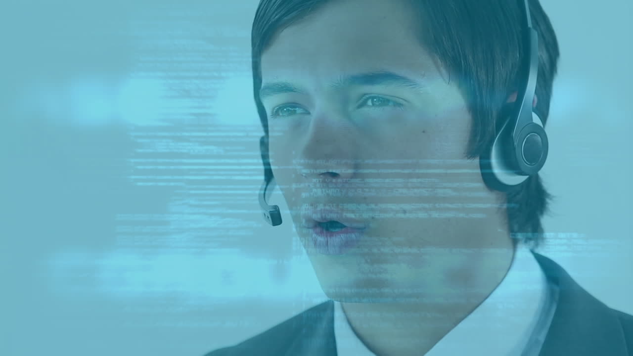 Animazione di un uomo caucasico che indossa una cuffia e usa il computer su una registrazione di dati.