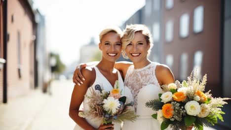 two joyful brides smiling and holding vibrant bouquets on a bustling city street, celebrating their wedding day with love and happiness in the summer sunshine