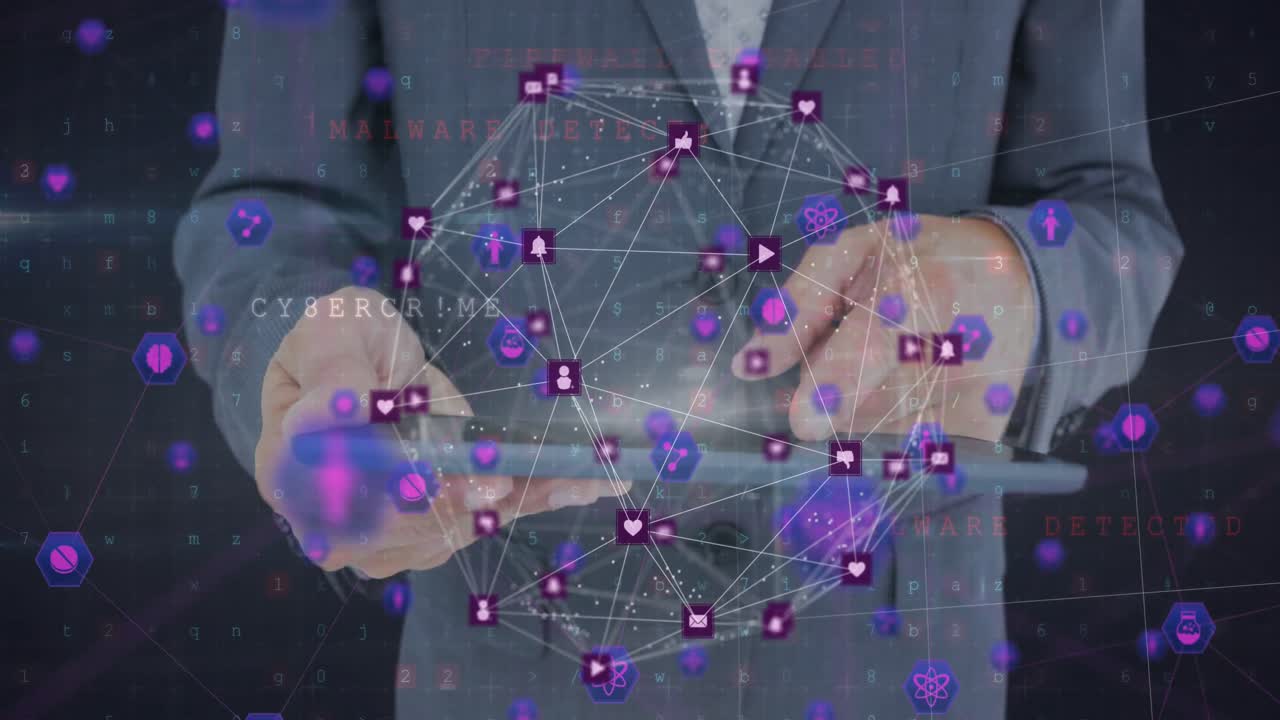 Animation of globe with digital icons over businessman using tablet