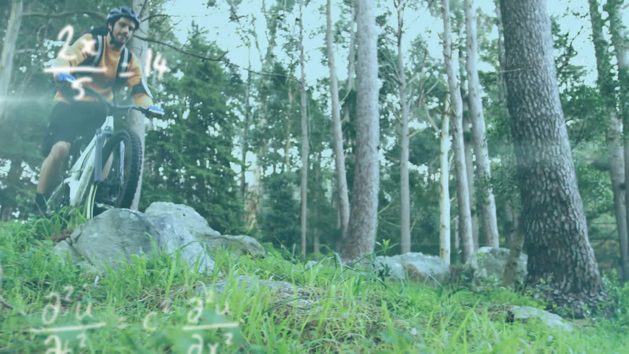 ecuaciones matemáticas contra el hombre en bicicleta en el bosque