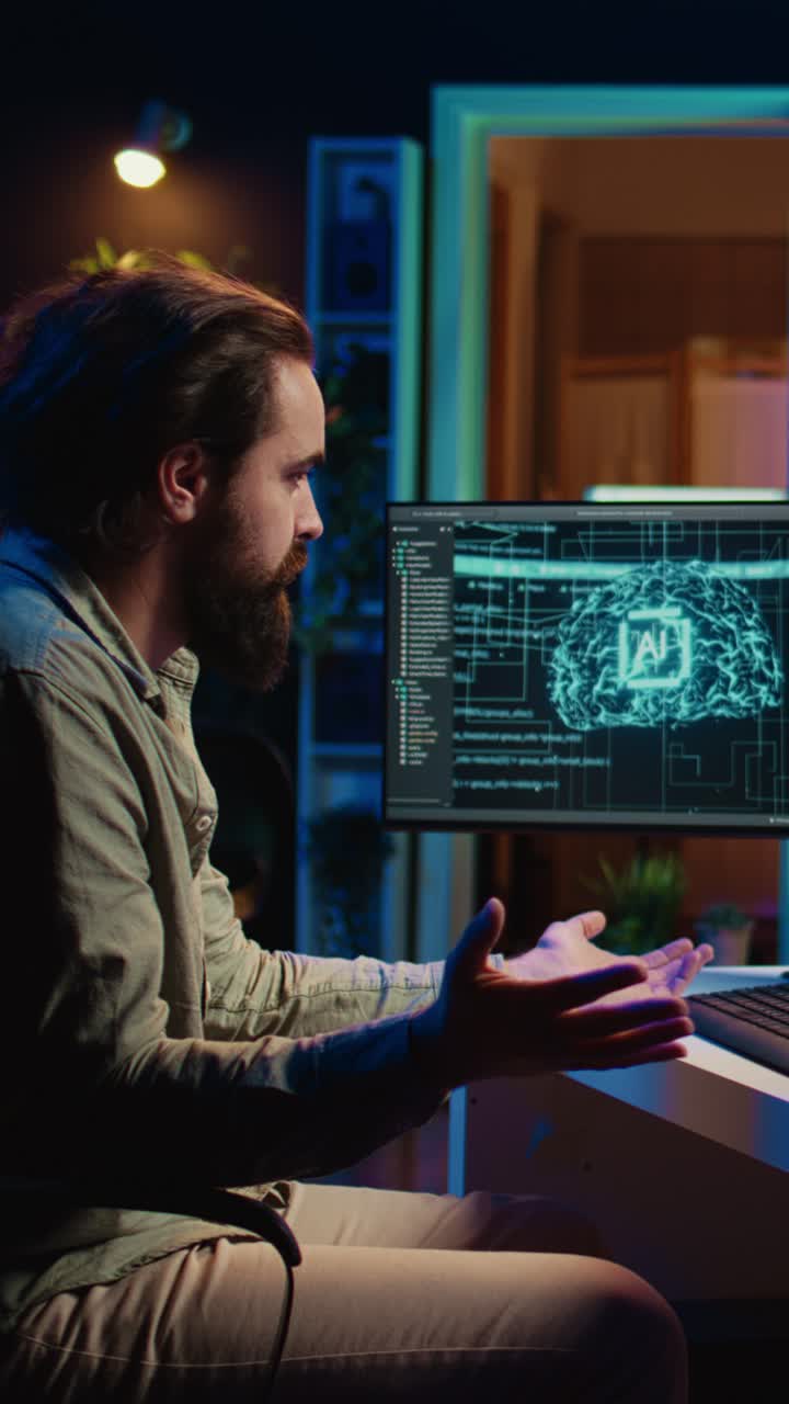 Man Working on AI Software with Brain Graphic on Computer Screen
