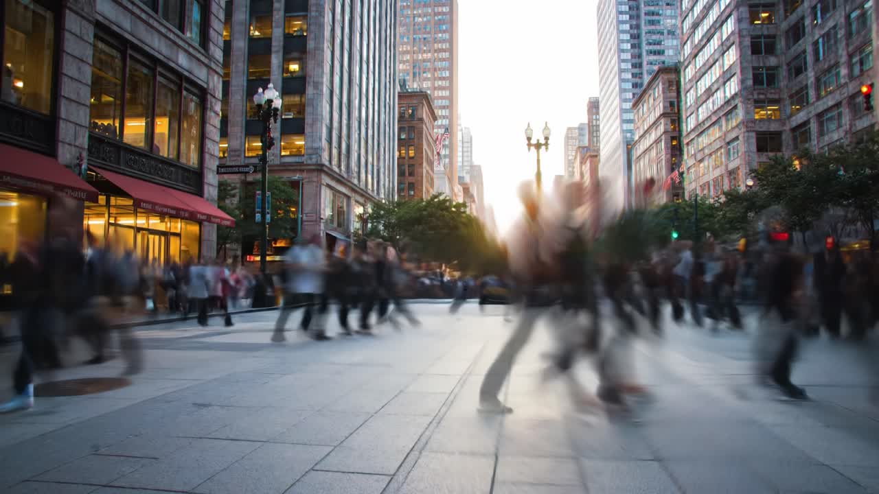 A bustling city street comes alive with a diverse crowd of pedestrians moving in various directions as the sun sets behind tall buildings. The warm glow of the sunset casts a beautiful light on the scene, creating a vibrant atmosphere in the heart of the urban landscape. People of all ages and backg