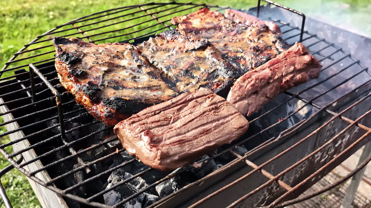 Grilling meats over open flames in Cesis, Latvia's scenic outdoors