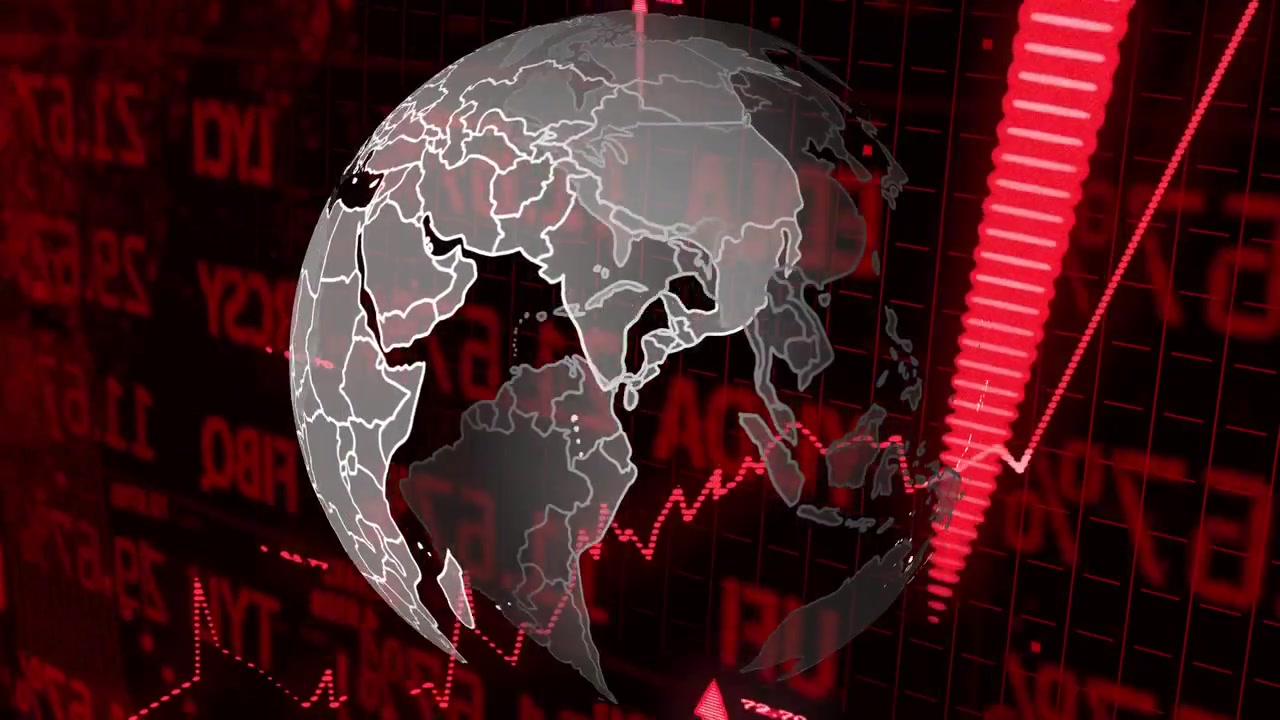 Pulso do mercado começando, globo 3D girando revelando regiões enquanto gráficos vermelhos pulsam mostrando mercados.