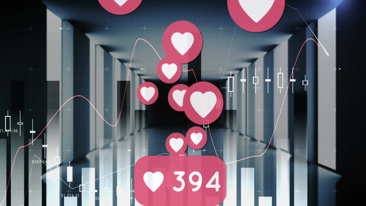 animación del procesamiento de datos financieros y los iconos de corazones de las redes sociales en los servidores