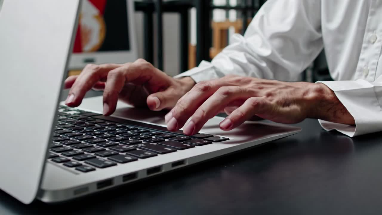 Close-up video of hands typing on a laptop keyboard. The side angle captures the focus