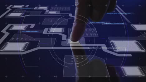 el dedo interactúa con la pantalla táctil, procesando la animación de datos a través de la interfaz digital