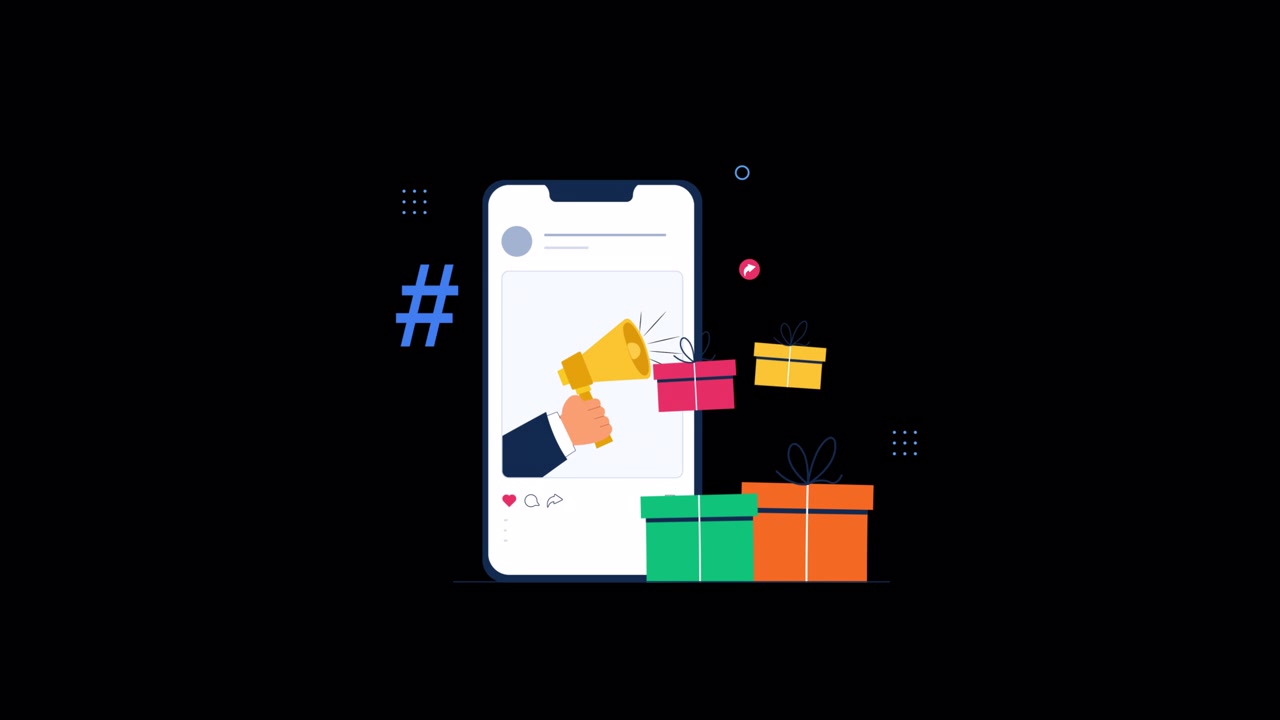 Smartphone animato che mostra una campagna di marketing sui social media con scatole regalo