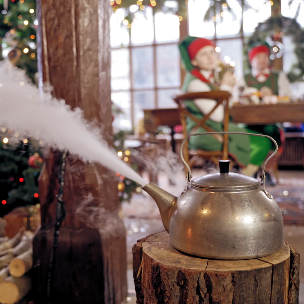 Boiling retro aluminium kettle. Teapot steams. Two elves on the background. New year spirit. Christmas eve. Closeup. Teapot on a log.