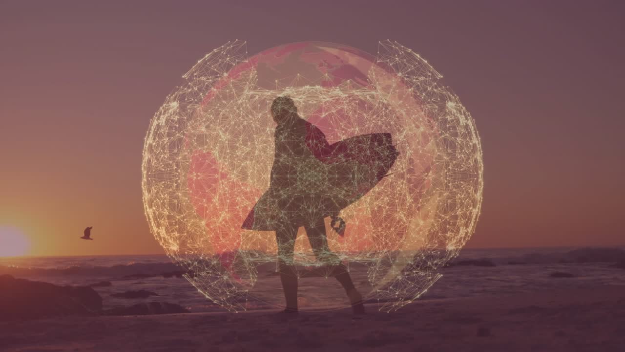 Surfer carrying board heading to waves sun lighting sphere around him forming winged tech wireframe