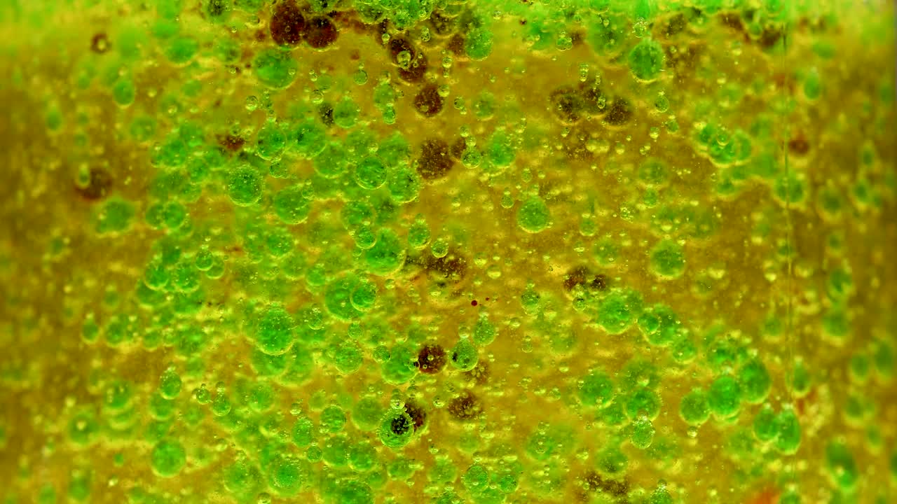 reacción química vibrante con burbujas coloridas en un vaso, mostrando la densidad y la separación durante 24 segundos