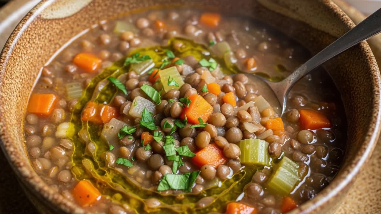 Delicious and Nutritious Bowl of Lentil Soup with Fresh Vegetables, Garnished with Herbs and a Drizzle of Olive Oil, Perfect for Comforting Meals