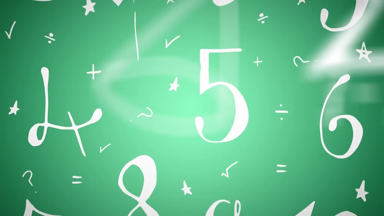 초록색 배경의 학교 건물 아이콘에 떠다니는 수학적 기호