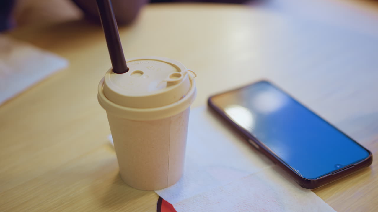 Disposable coffee cup with straw placed on napkin beside smartphone on wooden table in bright indoor setting, napkin partially covering printed sign, suggesting casual modern caf environment or relaxed workspace