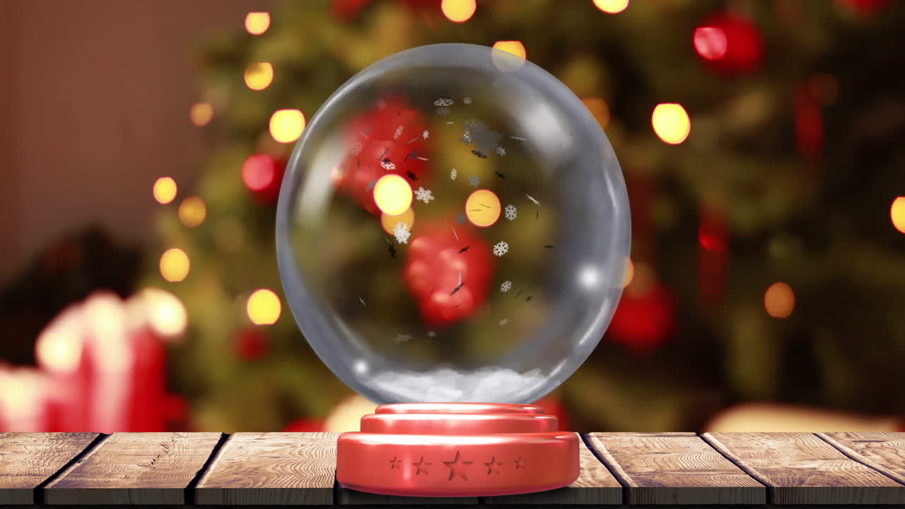Animação de globo de neve de Natal, neve caindo e árvore de Natal com luzes.