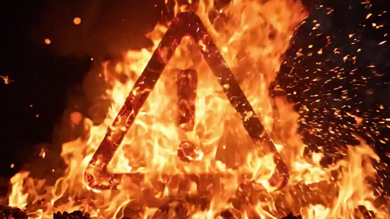 Un avviso di situazione pericolosa: Un audace simbolo di avvertimento si accende contro le fiamme, significando estrema cautela di fronte a pericoli di incendio e potenziale rischio.