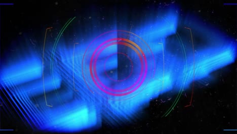 animation of scope scanning and data processing over light trails on black background